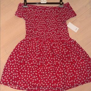 Off-the-shoulder Red Floral Mini Dress